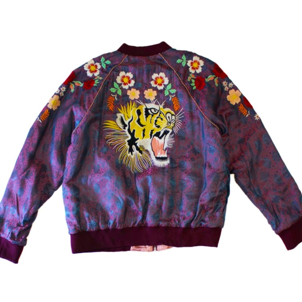 RARE Vintage Reversible Sukajan Souvenir Floral Japan Tiger Satin Bomber Jacket.